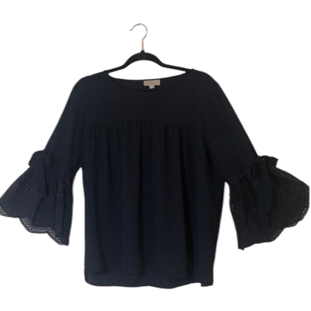 Loft navy blue top with bell eyelet sleeves at the bottom that can be tied.